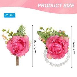 PATIKIL Rose Wrist Corsage and Boutonniere Set, 4 Pieces Wedding Flower Wrist Band Bracelet Hand Flower Accessories for Men Women Prom Homecoming, Rose Pink