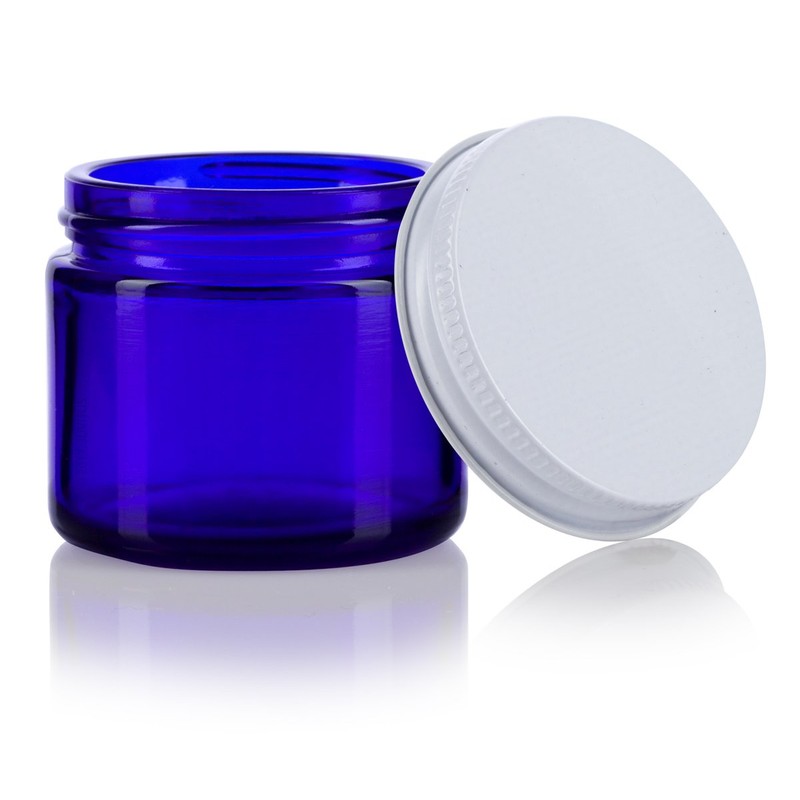Cobalt Blue Thick Glass Straight Sided Jar with White Metal