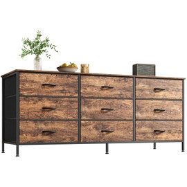 Huuger 9 Drawer Dresser, 55 Inch TV Stand for 55, 60 Inch TV, Entertainment Center with Drawers, Large Storage Fabric Dresser for Bedroom, Closet, Rustic Brown