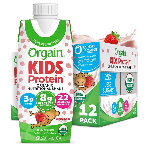 Orgain Organic Kids Nutritional Protein Shake, Strawberry - Kids Snacks with 8g Dairy Protein, 22 Vitamins & Minerals, Fruits & Vegetables, Gluten Free, Soy Free, Non GMO, 8.25 Fl Oz (Pack of 12)
