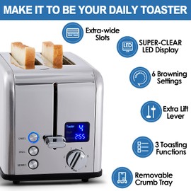 Toaster 2 Slice, CUSIMAX Stainless Steel Toaster with Large LED Display, Bread Toaster 1.5'' Extra-wide Slots with 6 Browning Settings, Cancel/Bagel/Defrost Function, Removable Crumb Tray, Silver
