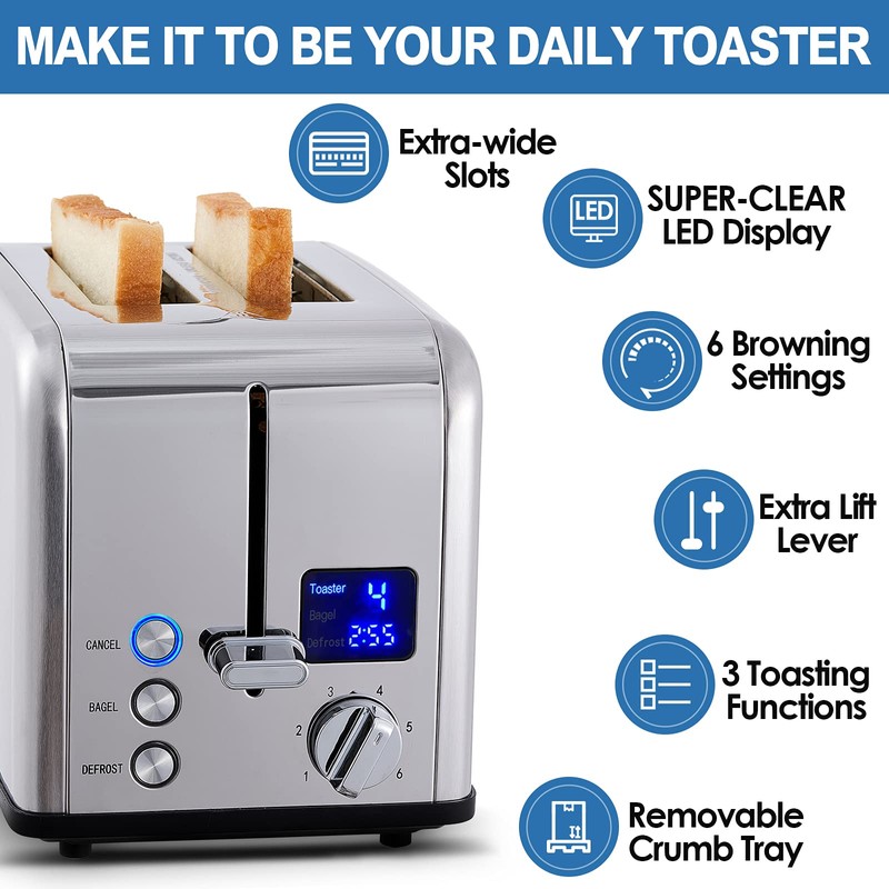 Toaster 2 Slice, CUSIMAX Stainless Steel Toaster with Large LED