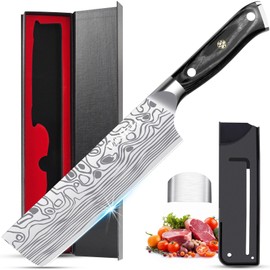 MOSFiATA 7” Nakiri Chef's Knife with Finger Guard, German High Carbon Stainless Steel EN1.4116 Vegetable Knife, Multipurpose Kitchen Knife with Micarta Handle in Gift Box