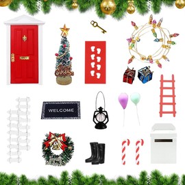 Udbrud Gnome Door Accessories Christmas, 22 Pieces Gnome Door Red Christmas Gnome Door Set Gnome Door Nissedor with Accessories Christmas Tree, Wreath Miniature Gnome Set Gnome House Christmas