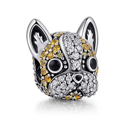 Ginger Lyne Collection French Bulldog Frenchie Boston Terrier Brown or Black Dog Charm for Bracelet or Necklace Round European Bead Sterling Silver CZ Cubic Zirconia
