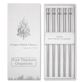 Youda 5 Pairs Pure Titanium Chopsticks (9.45") - Extra Long Non-Roll Square Design & Grooved Grip - Lightweight 0.8oz, Flame Pattern - Dishwasher Safe for Asian Cuisine - Gift for Foodies(Silver)
