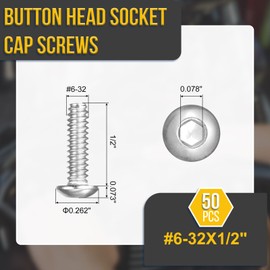 DTGN #6-32x1/2 Button Head Socket Cap Screws - 50Pack - Good for Road Bicycle, Mountain Bike, Auto, Motorcycle - 304 Stainless Steel Whitewashed - Hex Socket Drive Fasteners