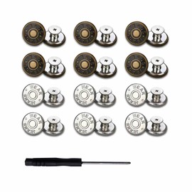 12PCS No-Sew Jeans Buttons Kit – 17mm Removable Metal Waist Tighteners with Screwdriver – Reusable Pants Button for Jeans, Shorts, Coats – Nail-Free Replacement DIY Kit