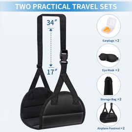 CushZone Airplane Foot Hammock, Foot Rest for Under Desk at Work, Length Adjustable Airplane Foot Rest, Travel Essentials with Eye Mask and Earplugs, Desk Foot Hammock to Relax Your Feet(2 Sets)