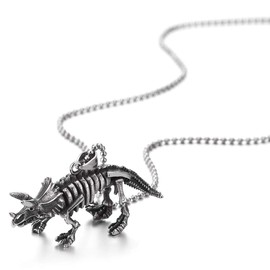COOLSTEELANDBEYOND Mens Womens Vintage Steel Triceratops Dinosaurs Skeleton Pendant Necklace, 30 inch Ball Chain