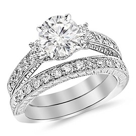 Houston Diamond District 1.88 Carat t.w. ROUND Shape/Center Three Stone Vintage With Milgrain & Filigree Bridal Set with Wedding Band & CZ Engagement Ring