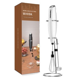 Double whisk Milk Frother Handheld electric mixer, Egg Beater, Foam Maker for Coffee, Latte, and Cappuccino, matcha whisk Drink Mixer, kitchen gadgets with stand, BENTRONIC (white)