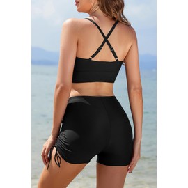 SHEKINI Women's Bikini Sets Criss Cross Top with High Waisted Drawstring Boyshorts Two Pieces Bathing Suits, Black, Medium