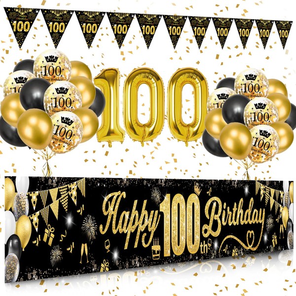 100th Birthday Decorations for Men and Women, Black Gold 100th