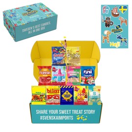 Swedish Candy Gift Box – 12 Varieties with Sticker Sheet | Includes Ahlgrens Bilar, Bubs Banana Ovals, Tyrkisk Peber & More! | Packed in Svenska Imports Gift Box