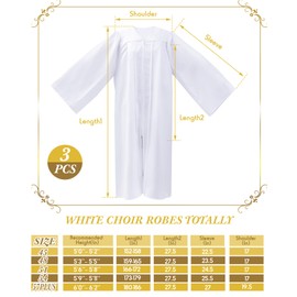 Toulite 3 Pcs Unisex Matte Choir Robes for Church White Baptism Gown Confirmation Pulpit Pastor Judge Costume Adults (Size 45)