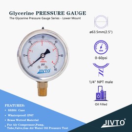 JIVTO Pressure Gauge,Glycerin Liquid Filled,2-1/2" Dual Scale Dia,0-60 psi/bar/kpa,1/4" NPT Male Brass Connection,Lower Mount, Stainless Steel Case, Pneumatic,Pump,Hose,Well Tank,Gas Air Water Oil