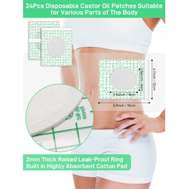 Snqqmtt 24Pcs Disposable Castor Oil Pack Wraps PU Film, Self-Adhesive Castor Oil Patches with Organic Cotton Pad for Waist Stomach Shoulder Belly Button, Anti Leakage, Water-Resistant, 4.7x5.9 Inch