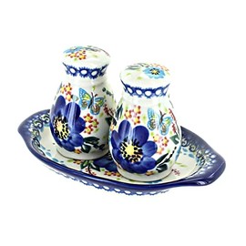 Blue Rose Polish Pottery Garden Of Blue Salt & Pepper Shakers with Tray