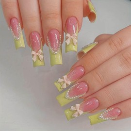 QQPPOLIU Long Press on Nails Square French Tip Glue on Nails Cute False Nails with Bowknot Design Fake Nails Rosybrown Full Cover Nails 24Pcs