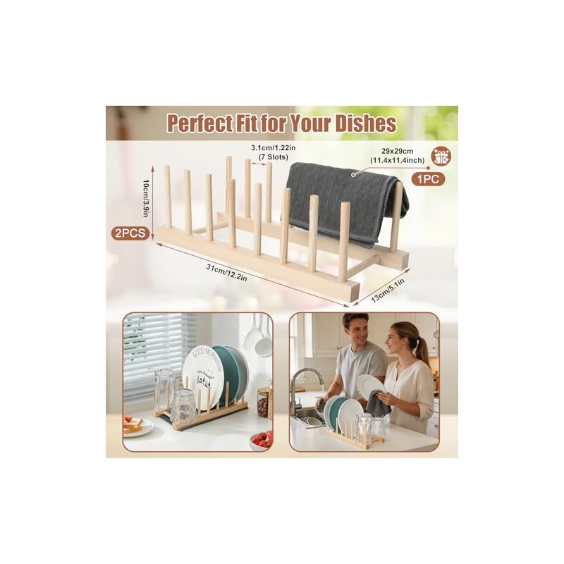 2 Stück Holz Tellerständer & Topfdeckelhalter, Abtropfgestell für Küche mit