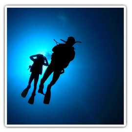 2 x quadratische Vinyl-Aufkleber, 10 cm, Motiv: Taucher-Silhouette, Taucher, Meer 8344
