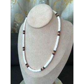 Native Treasure 14" Mens and Womens Summer Beach Surfer Necklace From the Philippines, White Ark Shells with Brown Coconut Beads