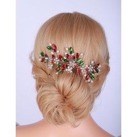 Teyglen Bridal Crystal Rhinestone Headband Flower Wedding Hair Vine Red Green Rhinestone Headpiece Christmas Decorative Hair Piece Hair Accessories for Women Girls(Silver)