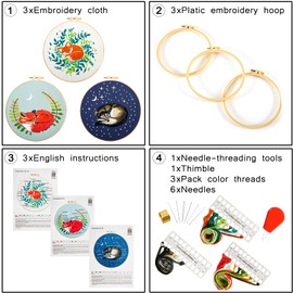Crafmanoe Funny Embroidery Kits for Beginners Adults, Animal Stamped Counted Cross Stitch Kit for Beginners Adults, Cute Fox Hand Embroidery Needlepoint Kits, 3 Set Embroidery Hoops and Video Tutorial