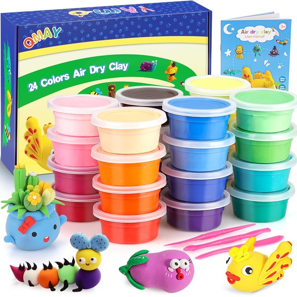 QMAY Air Dry Clay, 24 Colors Ultra Light Modelling Clay Safe & Non-Toxic, Creative Art DIY Crafts for Kids Boys & Girls
