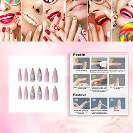 Rchovsam xl Pink Nails Press ons Long Almond Tip Press on Nails Valentines Floral With Diamond Design Fake Nails Artificial Full Cover False Nails Gift for Womens 24pcs