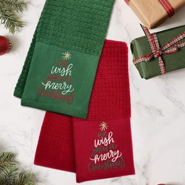 DAN RIVER Luxurious 100% Cotton Christmas Towel Set - Festive Embroidery Design, 2- Pack Kitchen Towel 16x26 Ideal for Decor and Gifting – Red & Green
