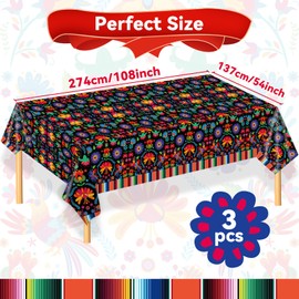 3 Pcs Mexican Fiesta Tablecloth Decorations, 108" x 54" Plastic Cinco De Mayo Table Cloth Dia De Los Muertos Table Cover Day of The Dead Decor for Taco Night Festive Mexico Colorful Ponchos Supplies
