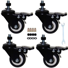 2'' Caster Wheels, Swivel Stem Casters 3/8'' - 16x1'' (Screw Diameter 3/8'', Screw Height 1'') 330Lbs Heavy Duty Threaded Casters No Noise PU Dual Locking Castors with Brake