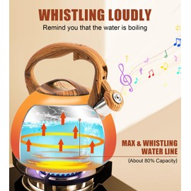 Foedo Tea Kettle Stovetop, 3.2Qt Stainless Steel Tea pots with Wood Grain Handle Food Grade Whistling Tea kettle,Induction/Gas Stoves (Orange-Red Gradient)