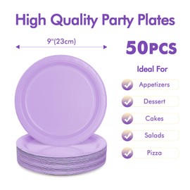 PARTY GO Party Plates Purple 9 Inch Pack of 50 Children's Birthday Boys and Girls Party Decoration Accessories Paper Plates