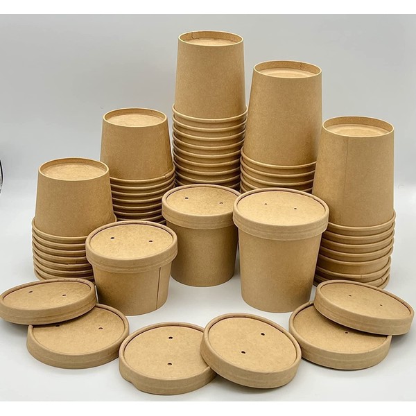 HOT BARGAINS 25 X 12oz Brown Kraft Disposable Soup Cups Containers with Lids of Paper Soup Bowls Size of 8oz, 12oz & 16oz Takeaway (12OZ)