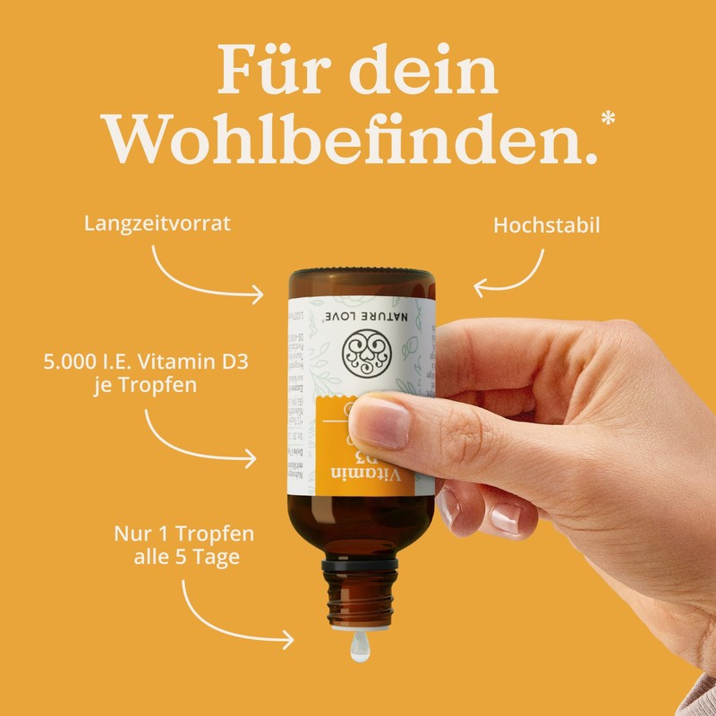 NATURE LOVE® Vitamin D3 1000 (50 ml Liquid), Laboratory-Tested 5000