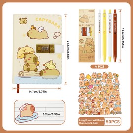 Capybara Diary with Combination Lock, 22 x 15 cm, PU Leather Notebook with Pen Holder, Journal Including 4 Pens and 1 Pack of Stickers, Cartoon Design for Children, Students and Gift (Beige-Blue)