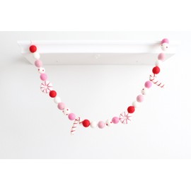 Mini Felt Factory | Christmas Felt Garland ~7 Ft 100% Wool Pom 2.5 cm Balls Candy Cane Peppermint Ornament Boho Pink Holiday Bright Decor Mantel Hanging Seasonal Banner Craft Wall Party