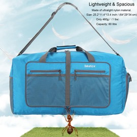 Bekahizar 60L Foldable Duffle Bag Large Lightweight Packable Travel Weekend Duffel with Shoe Compartment and Shoulder Strap for Luggage, Gym, Sport, Camping, Storage, Shopping (Blue)