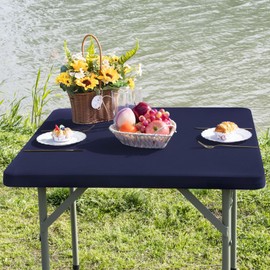 Nacuci Square Fitted Table Cover Elastic Tablecloth Stretch Spandex Table Top Cover Table Topper Cap for Dining Kitchen Home Party Navy 24X24 Inch