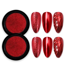2 Boxes Red Chrome Nail Powder 3D Mirror Effect Aurora Magic Metallic Dust Holographic Glitter Glazed Manicure Decoration Reflective Pigment for Nails Art Design