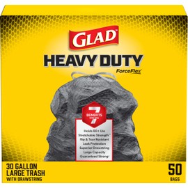 Glad Large 30 Gallon Trash Bags, Unscented Heavy Duty Garbage Bags, Forceflex with Drawstring, 50 Count (Packaging May Vary)