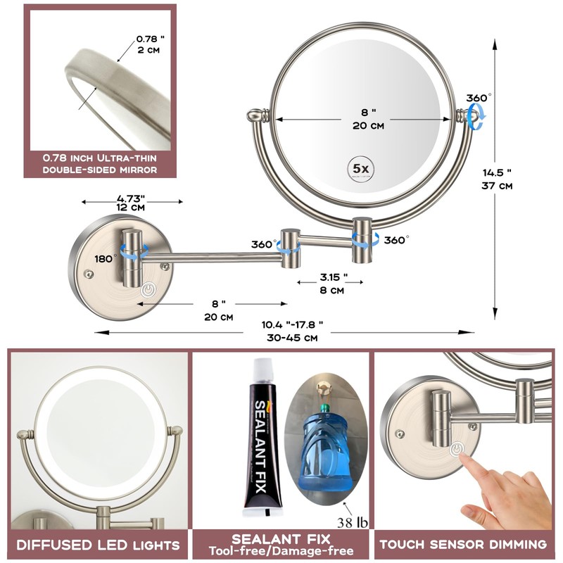 RECKODOR Bathroom Magnifying Makeup Mirror Wall Mounted with Light, Hardwired