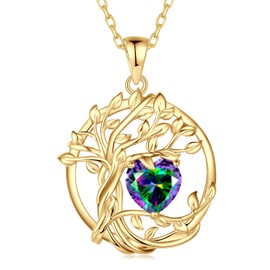 FANCIME Tree of Life Necklace for Women Yellow Gold Plated Tree of Life Gemstone Pendant Necklace Jewellery Gifts for Women Girls Chain Length: 40 + 5 cm, Cubic Zirconia, Alexandrite