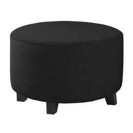 Round Ottoman Slipcover Footstool Protector Covers Storage Stool Ottoman Covers Stretch with Elastic Bottom, Feature Textured Checked Jacquard Fabric Machine Washable(Medium, Black)