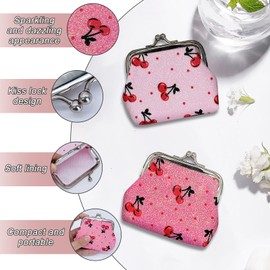 WisePoint 2pcs Small Coin Purse, Sparkling Change Purse Kiss Lock Coin Purse for Women and Girls, Cute Coin Wallet Mini Coin Pouch for Coin, Change (strawberry)