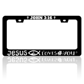 TINALUIN John 3:16 License Plate Frame Jesus Loves You License Plate Holder Christian Cross for Front and Rear Car Tags Stainless Steel Funny Car Decoration with Screws 6.3 X 12.2 in