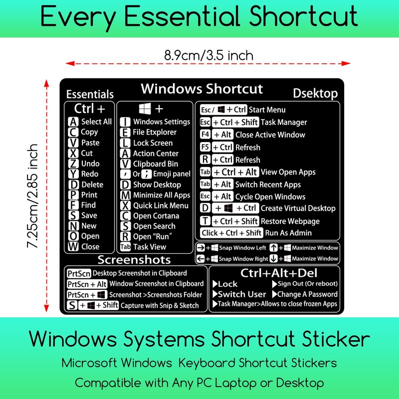 2-Pack丨Windows Shortcut Sticker丨, Keyboard Shortcut Vinyl Sticker, Laptop Keyboard Shortcuts